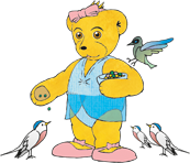 Graphic of Melody Bear, dancing teddy, feeding the birds