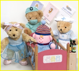 Photo of a toy hospital with Melody Bear and Humpty Dumpty