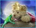 Photo of Melody Bear kissing a frog telling the story of the Frog Princess
