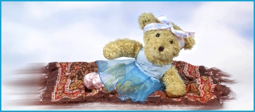 Magical photo of Melody Bear flying on a carpet around the world